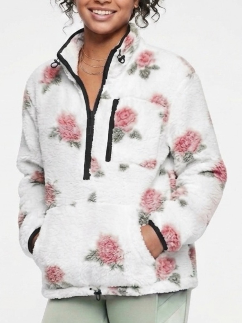 Victoria's Secret PINK Rose Floral Teddy Sherpa Half Zip Pullover Size Large